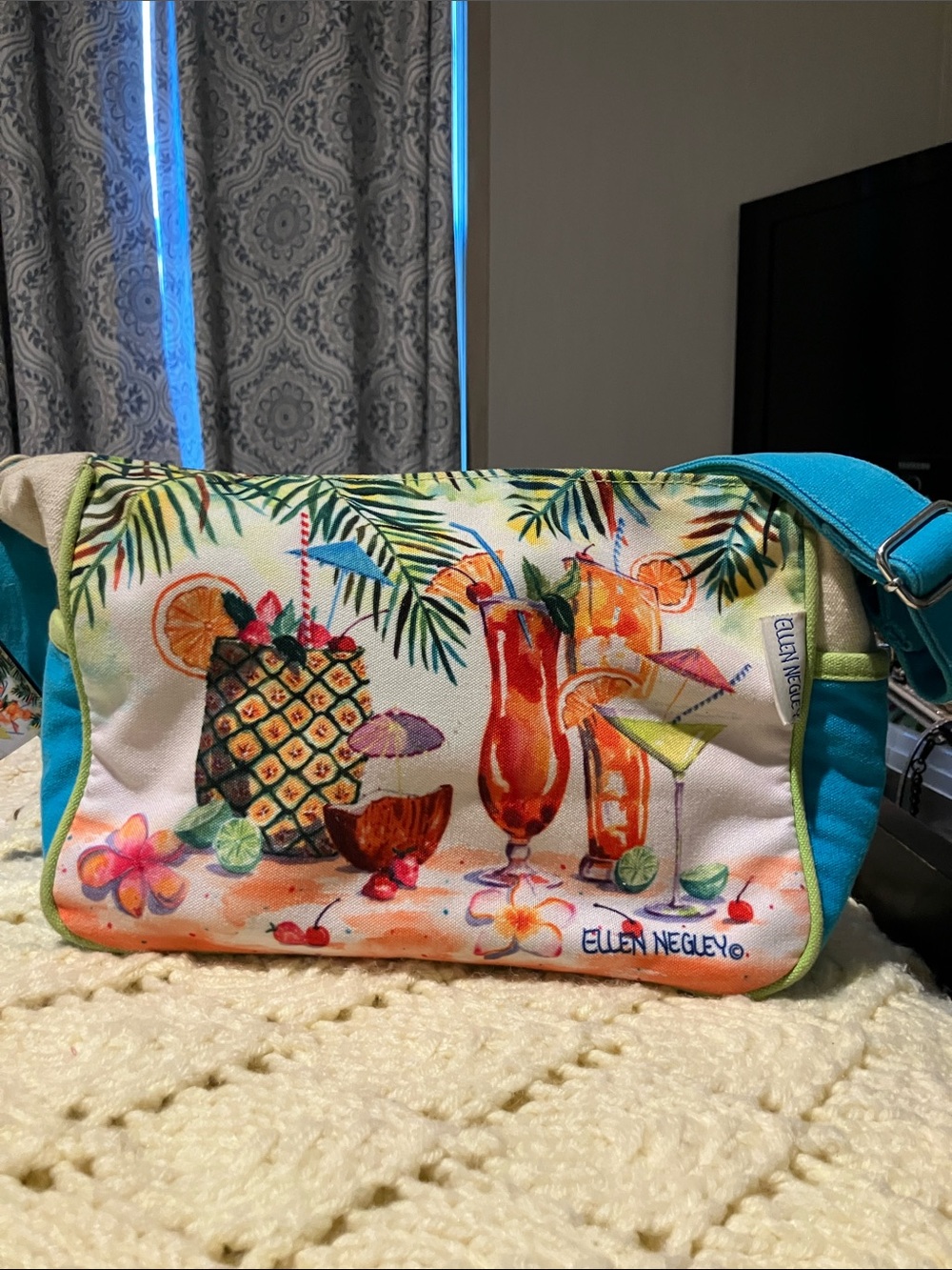 Ellen Negley Tropical Cocktail Canvas Crossbody Bag in Teal and Cream